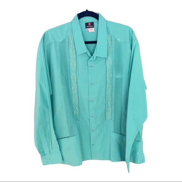 Salvatore Other - 𝅺Guayabera Shirt Long Sleeve 100% Linen Teal NWOT